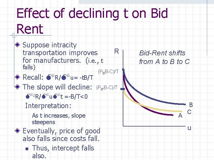 Effect of declining t on Bid Rent Suppose intracity transportation improves for manufacturers. (i.