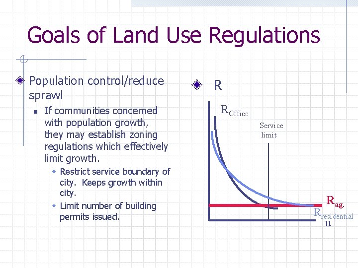 Goals of Land Use Regulations Population control/reduce sprawl n If communities concerned with population