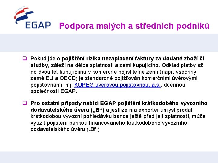 Podpora malých a středních podniků q Pokud jde o pojištění rizika nezaplacení faktury za