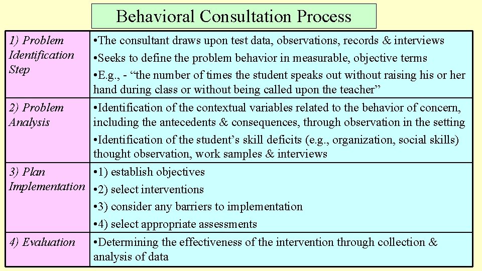 Behavioral Consultation Process • The consultant draws upon test data, observations, records & interviews