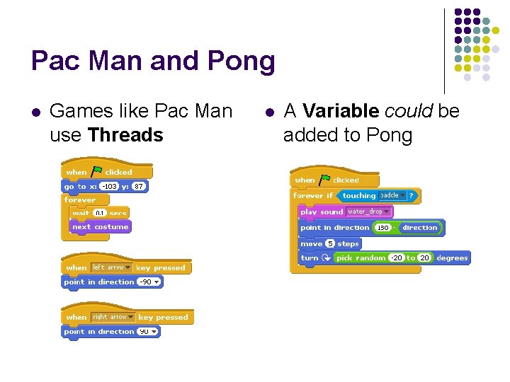 Pac Man and Pong l Games like Pac Man use Threads l A Variable