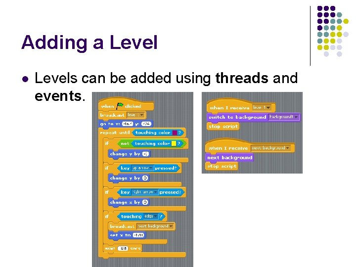 Adding a Level l Levels can be added using threads and events. 