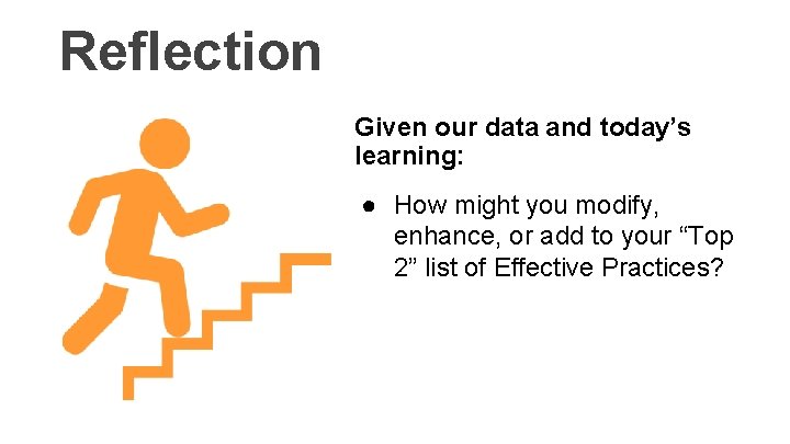 Reflection Given our data and today’s learning: ● How might you modify, enhance, or