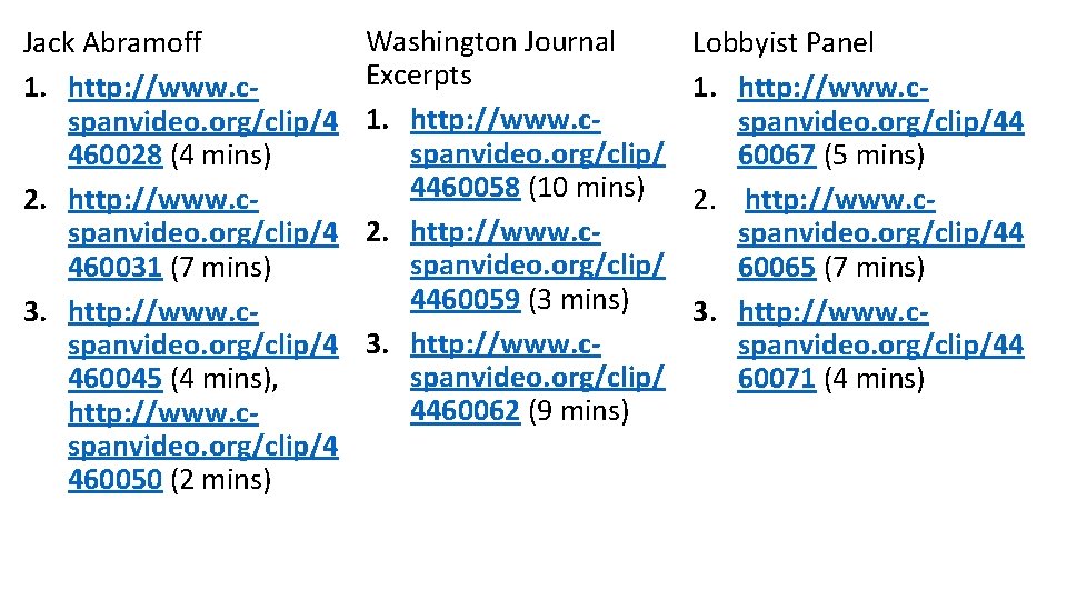 Jack Abramoff 1. http: //www. cspanvideo. org/clip/4 460028 (4 mins) 2. http: //www. cspanvideo.