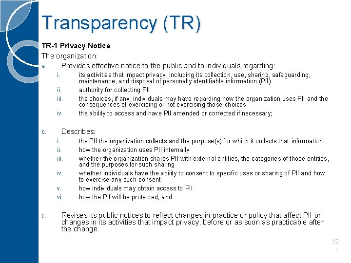 Transparency (TR) TR-1 Privacy Notice The organization: a. Provides effective notice to the public