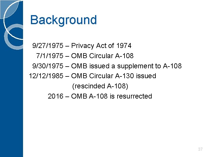 Background 9/27/1975 – Privacy Act of 1974 7/1/1975 – OMB Circular A-108 9/30/1975 –