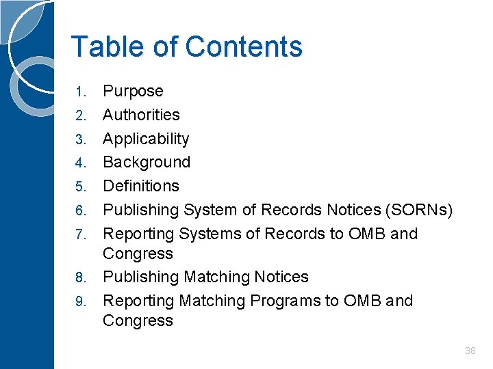 Table of Contents 1. 2. 3. 4. 5. 6. 7. 8. 9. Purpose Authorities