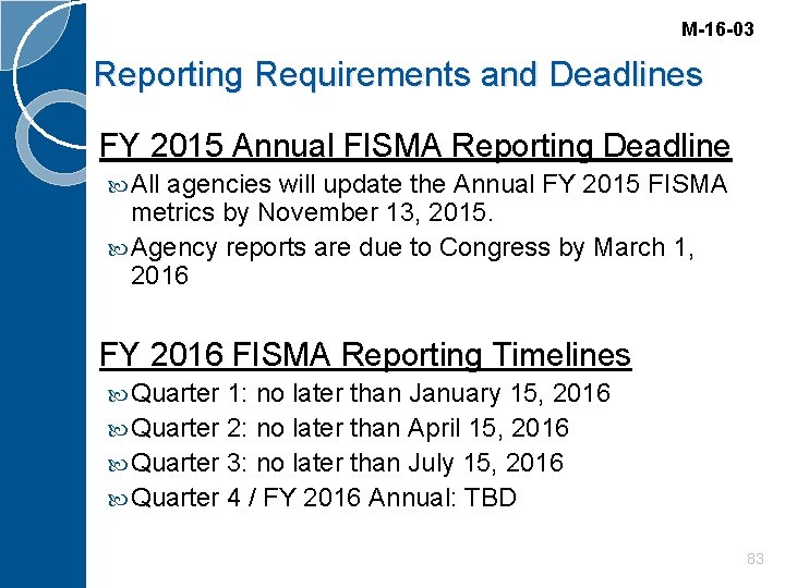 M-16 -03 Reporting Requirements and Deadlines FY 2015 Annual FISMA Reporting Deadline All agencies