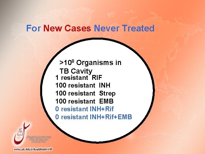 For New Cases Never Treated >108 Organisms in TB Cavity 1 resistant RIF 100