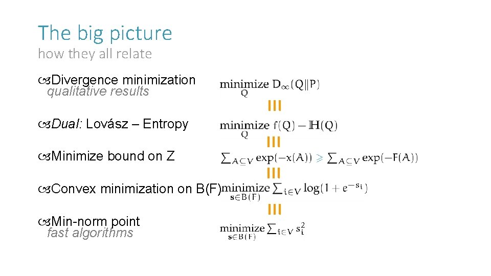 The big picture how they all relate Divergence minimization qualitative results Minimize bound on