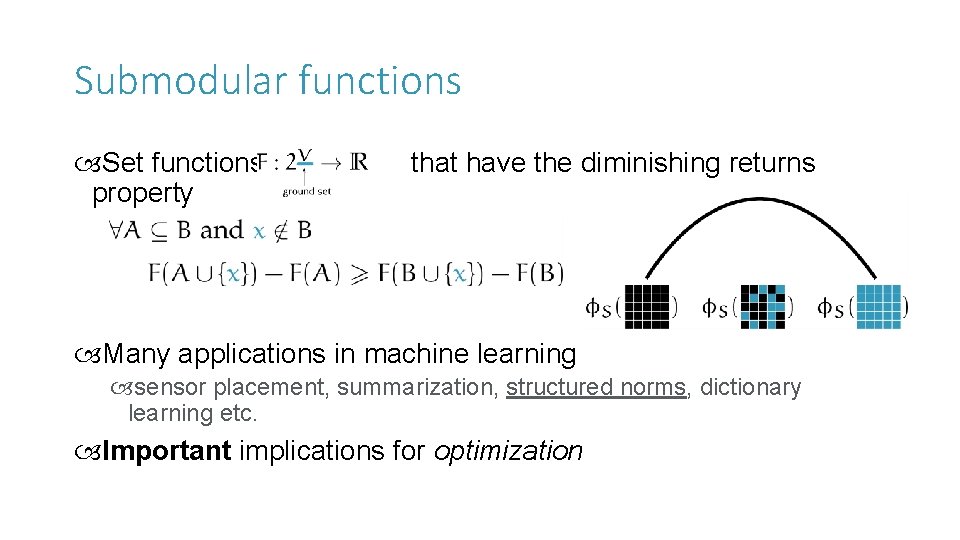 Submodular functions Set functions property that have the diminishing returns Many applications in machine