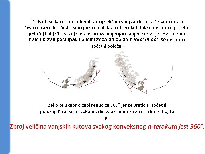 Podsjeti se kako smo odredili zbroj veličina vanjskih kutova četverokuta u šestom razredu. Pustili