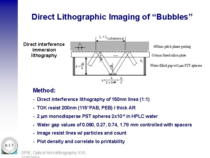 Direct Lithographic Imaging of “Bubbles” L < L coherence Direct interference immersion lithography L
