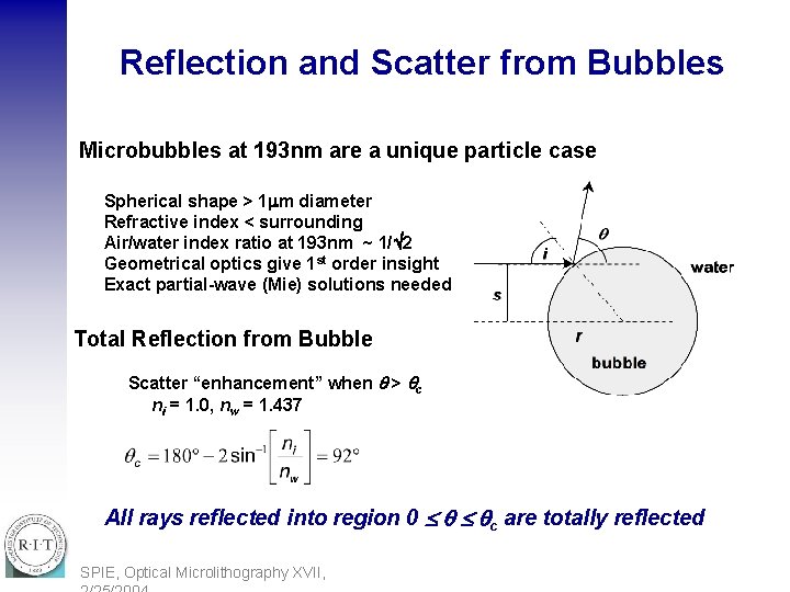 Reflection and Scatter from Bubbles Microbubbles at 193 nm are a unique particle case