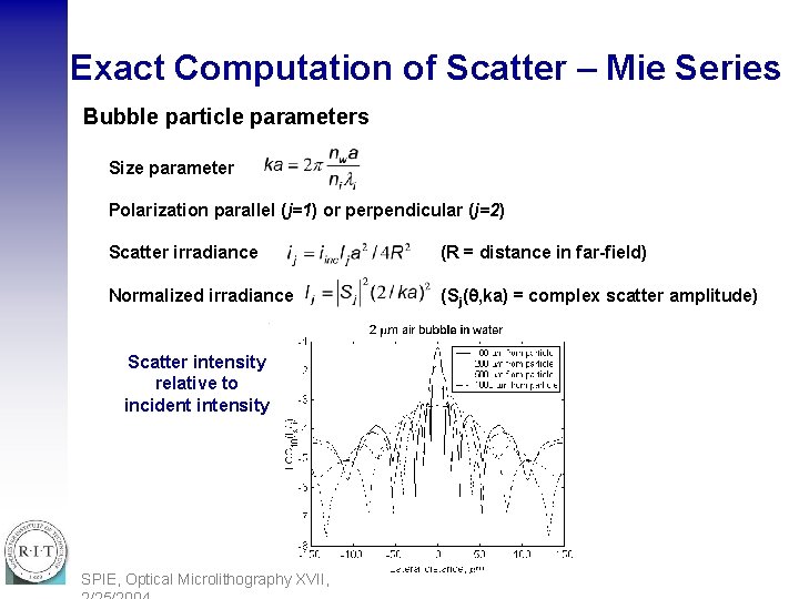 Exact Computation of Scatter – Mie Series Bubble particle parameters Size parameter Polarization parallel