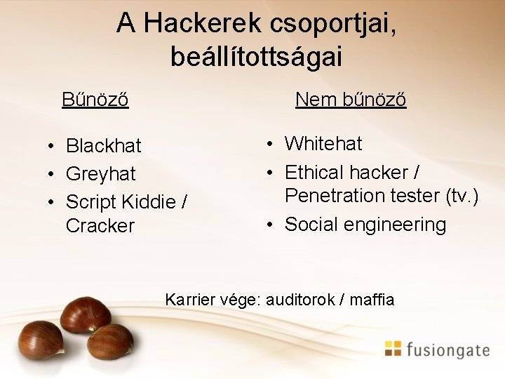 A Hackerek csoportjai, beállítottságai Bűnöző Nem bűnöző • Blackhat • Greyhat • Script Kiddie