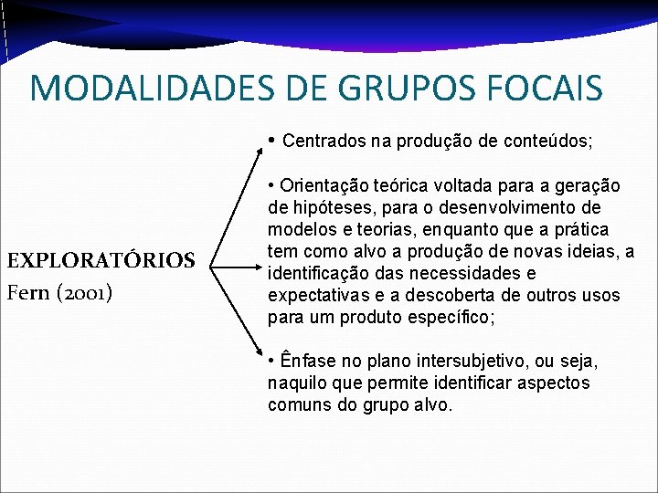 MODALIDADES DE GRUPOS FOCAIS • Centrados na produção de conteúdos; EXPLORATÓRIOS Fern (2001) •