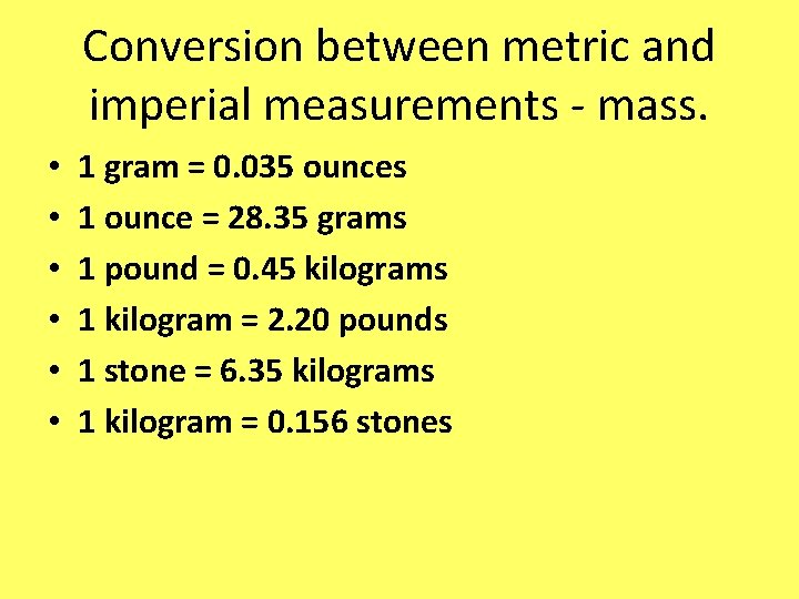 Conversion between metric and imperial measurements - mass. • • • 1 gram =