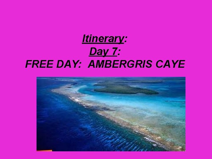 Itinerary: Day 7: FREE DAY: AMBERGRIS CAYE 