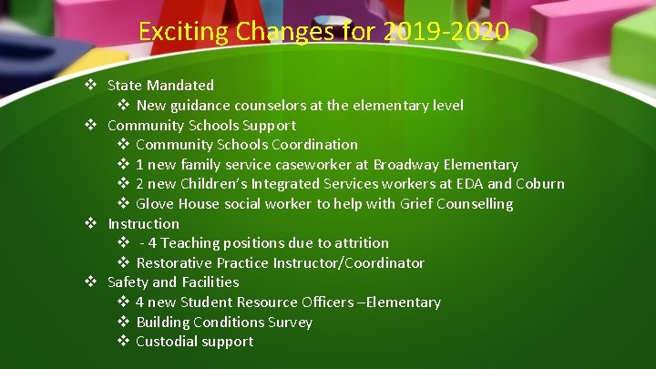 Exciting Changes for 2019 -2020 v State Mandated v New guidance counselors at the