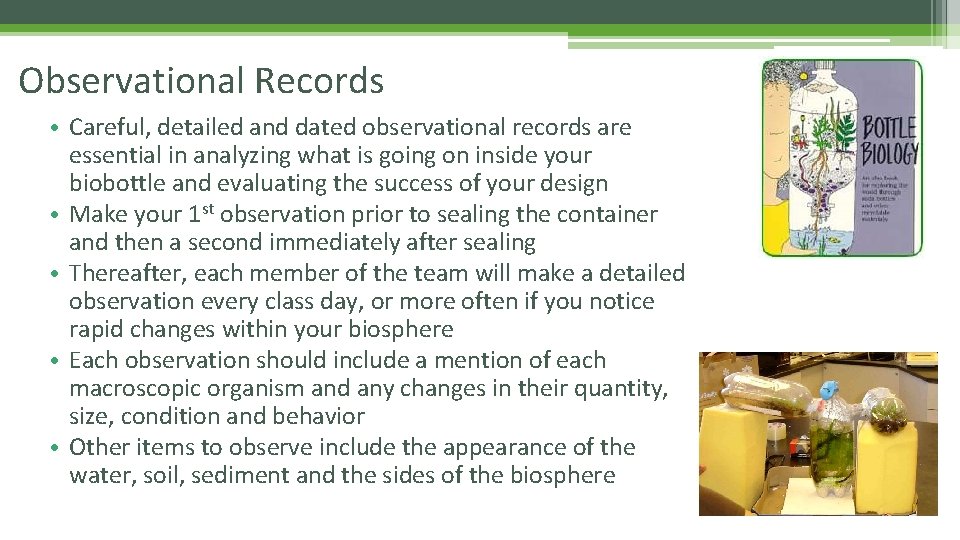 Observational Records • Careful, detailed and dated observational records are essential in analyzing what