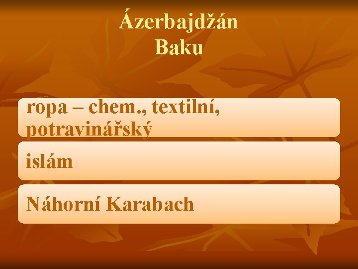 Ázerbajdžán Baku ropa – chem. , textilní, potravinářský islám Náhorní Karabach 