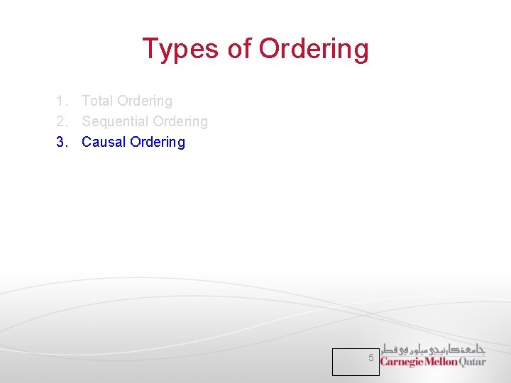 Types of Ordering 1. Total Ordering 2. Sequential Ordering 3. Causal Ordering 5 Types of Ordering 1. Total Ordering 2. Sequential Ordering 3. Causal Ordering 5