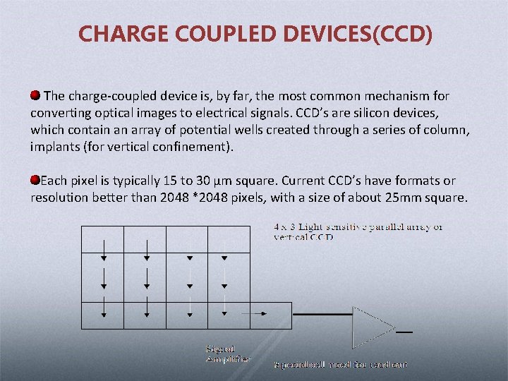 CHARGE COUPLED DEVICES(CCD) The charge-coupled device is, by far, the most common mechanism for