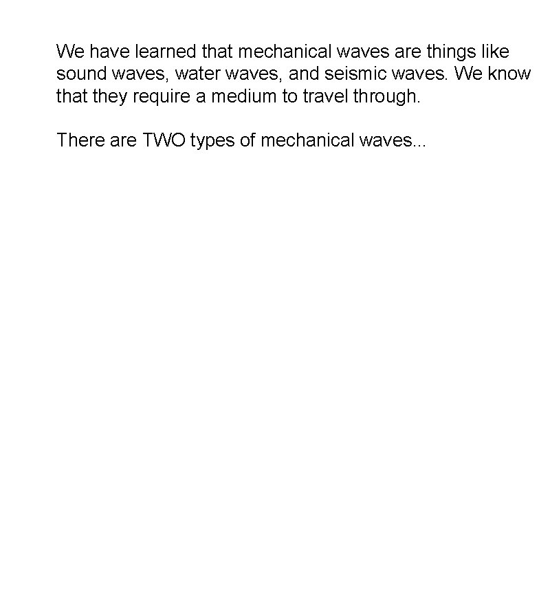 We have learned that mechanical waves are things like sound waves, water waves, and