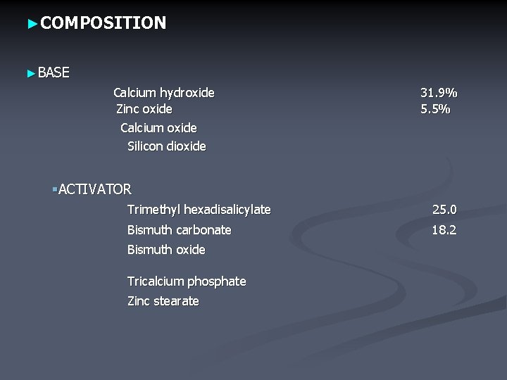 ►COMPOSITION ►BASE Calcium hydroxide Zinc oxide Calcium oxide Silicon dioxide 31. 9% 5. 5%