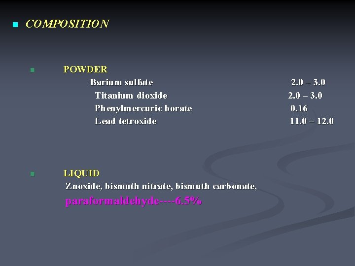 n COMPOSITION n n POWDER Barium sulfate Titanium dioxide Phenylmercuric borate Lead tetroxide LIQUID