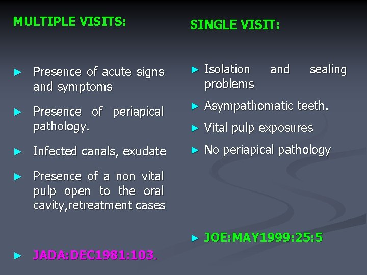 MULTIPLE VISITS: SINGLE VISIT: ► Presence of acute signs and symptoms ► Isolation problems
