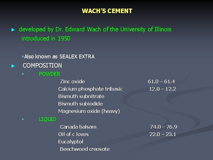 WACH’S CEMENT ► developed by Dr. Edward Wach of the University of Illinois introduced