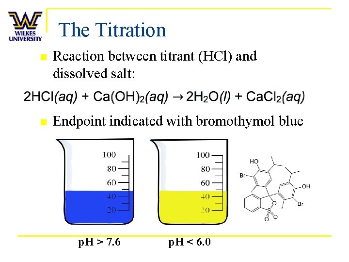 The Titration n Reaction between titrant (HCl) and dissolved salt: n Endpoint indicated with