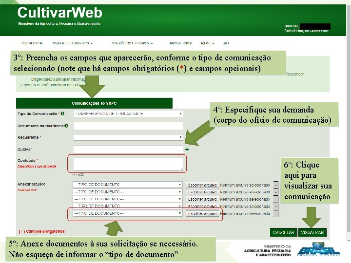 3º: Preencha os campos que aparecerão, conforme o tipo de comunicação selecionado (note que