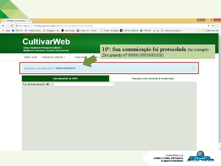 10º: Sua comunicação foi protocolada (no exemplo: Documento nº 00000. 000360/2018) 