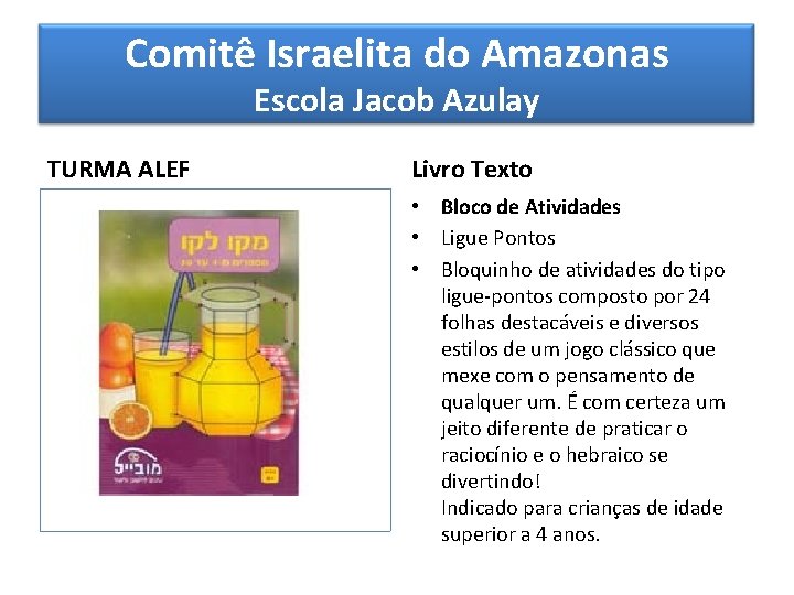 Comitê Israelita do Amazonas Escola Jacob Azulay TURMA ALEF Livro Texto • Bloco de