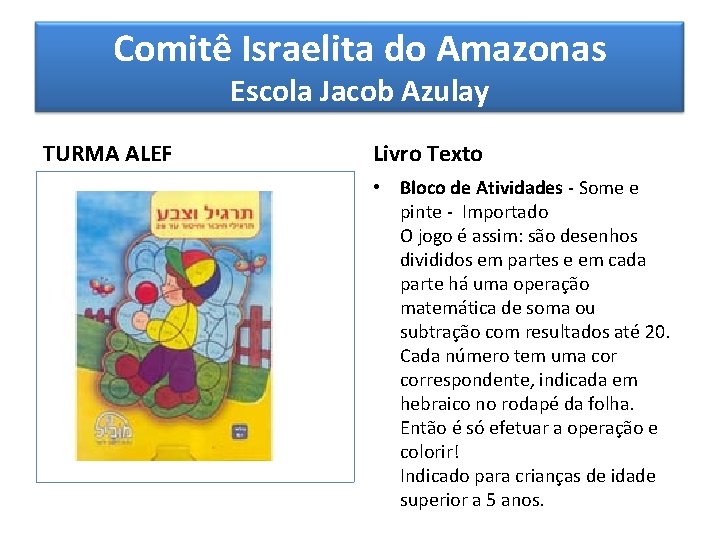 Comitê Israelita do Amazonas Escola Jacob Azulay TURMA ALEF Livro Texto • Bloco de