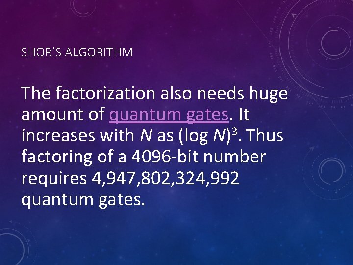 SHOR’S ALGORITHM The factorization also needs huge amount of quantum gates. It increases with