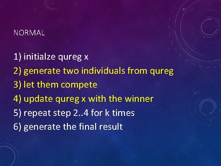 NORMAL 1) initialze qureg x 2) generate two individuals from qureg 3) let them