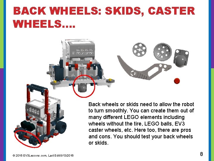  BACK WHEELS: SKIDS, CASTER WHEELS…. Back wheels or skids need to allow the