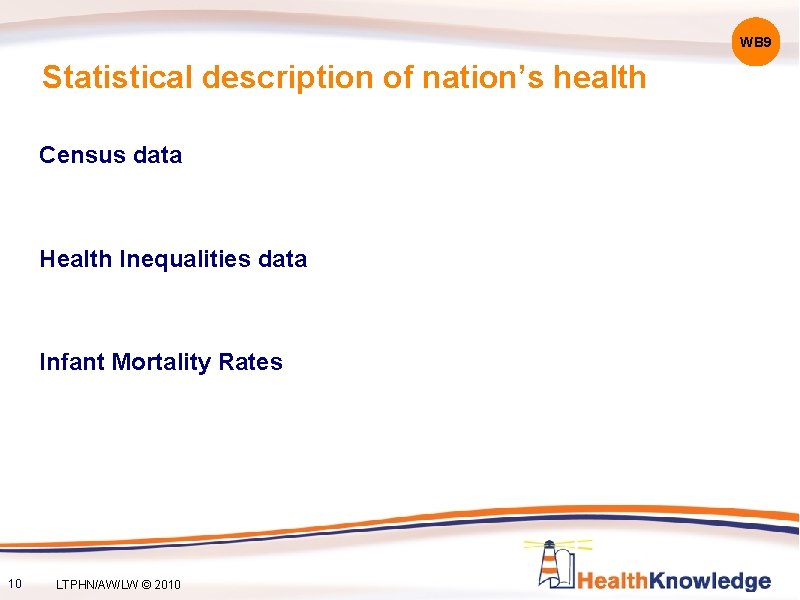 WB 9 Statistical description of nation’s health Census data Health Inequalities data Infant Mortality