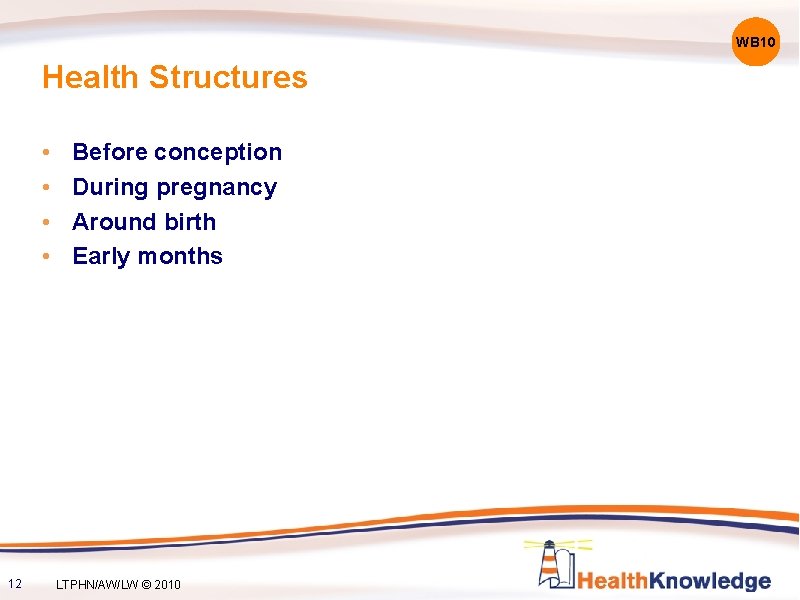 WB 10 Health Structures • • 12 Before conception During pregnancy Around birth Early