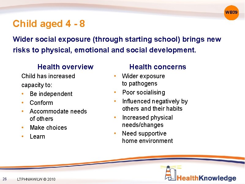 WB 39 Child aged 4 - 8 Wider social exposure (through starting school) brings