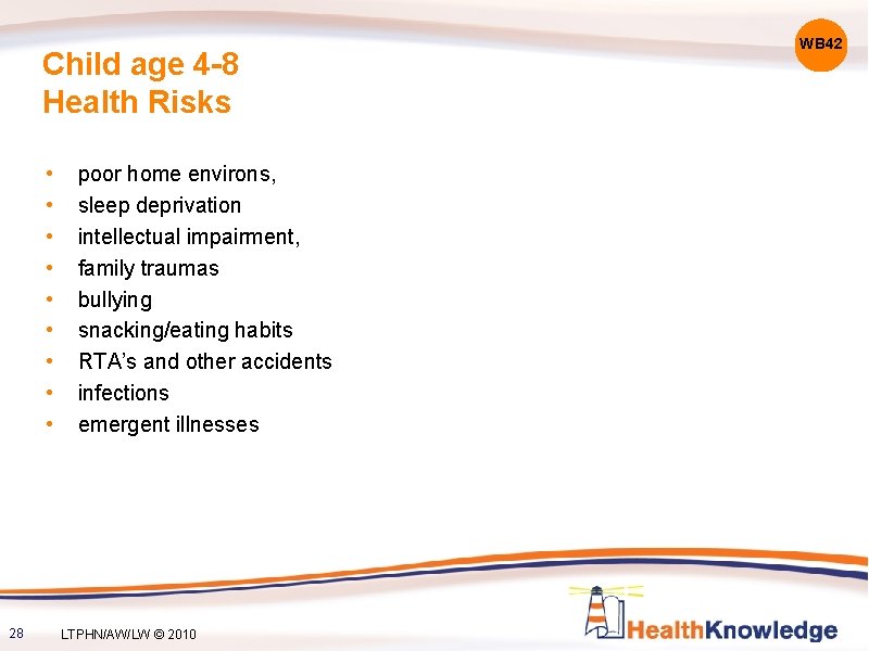 Child age 4 -8 Health Risks • • • 28 poor home environs, sleep