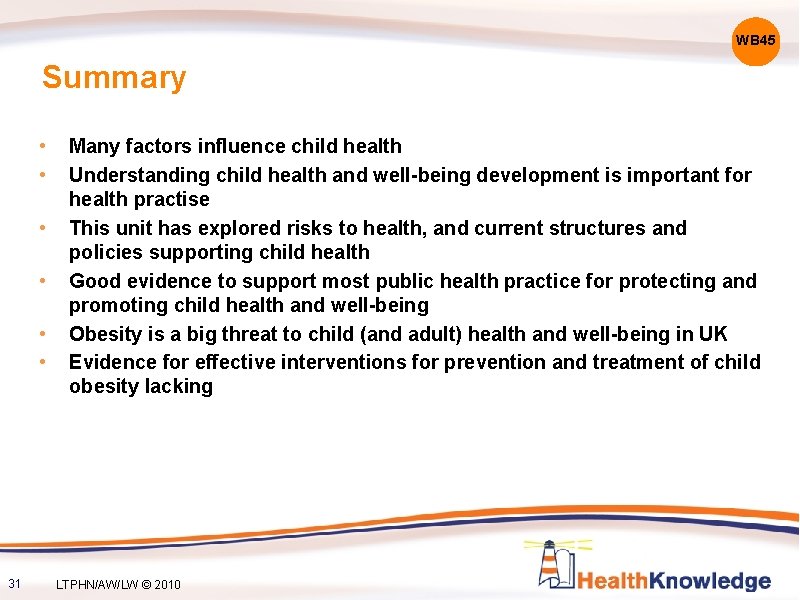 WB 45 Summary • • • 31 Many factors influence child health Understanding child