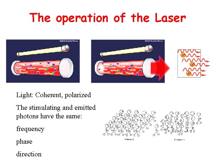 The operation of the Laser Light: Coherent, polarized The stimulating and emitted photons have
