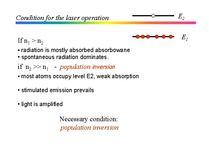 Condition for the laser operation E 2 E 1 If n 1 > n