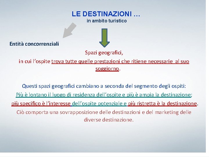 LE DESTINAZIONI … in ambito turistico Entità concorrenziali Spazi geografici, in cui l‘ospite trova