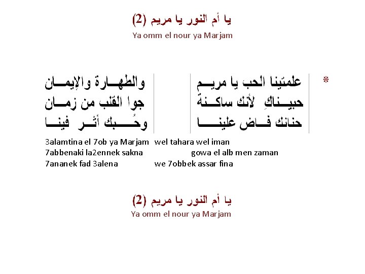 Ya omm el nour ya Marjam 3 alamtina el 7 ob ya Marjam wel